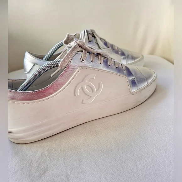 Authentic Chanel CC Sneakers White And Metallic Grey Shoes EuSize 42 US 9
